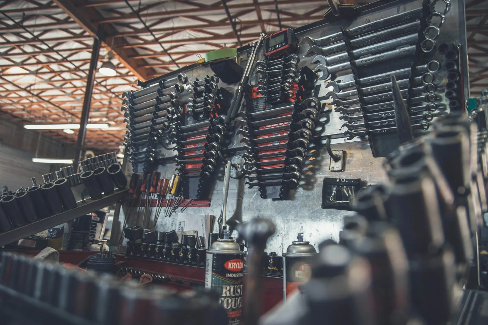 Organized auto shop tool wall